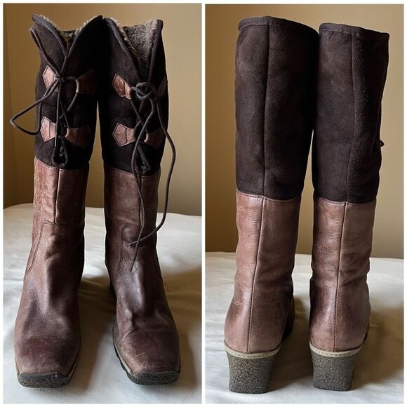Eric Michael Two-Tone Leather Knee High Boots 39 Fur Lined Wedge Heel - Picture 4 of 10